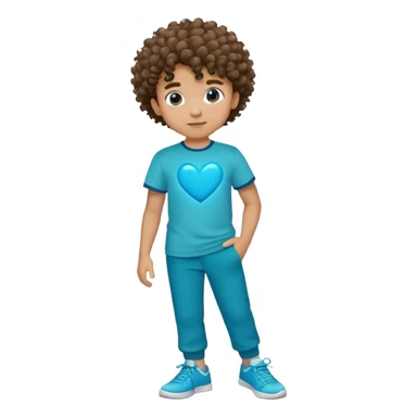 Um menino com cabelo crespo e cor de pele com blusa cor azul turqueza com um coração azul no meio com uma calça preta com um têniz azul. sticker
