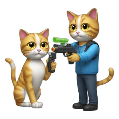 A cat with a water gun shooting to another cat sticker