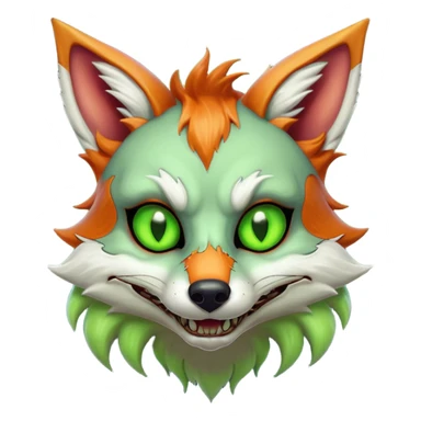 zombie fox portrait, head and shoulders only, torn tail fur visible, sinister grin, glowing toxic eyes, spooky fantasy style, 3D cartoon, mobile game icon style, clean background, no text, no watermark
 sticker