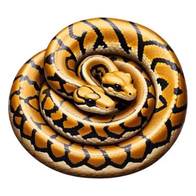 A photo-realistic top-down view of a Ball Python gently coiled into a tight spiral, with its head resting peacefully at the center. Its scales are warm brown with bold, irregular black markings, including the distinctive “alien-head” pattern, flowing smoothly along its body.  sticker