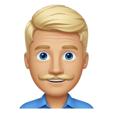 normal emoji 👨🏼 white guy with blond hair, mustache, and blue eyes. No shoulders or neck. Just head. Hair a little mussed and stylish. Smiling sticker