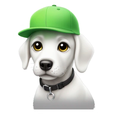 White puppy with one black ear and an engra spot on his left eye, wearing a lime green cap sticker