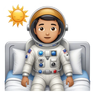 Asian man wearing in astronaut wakeup from the bed with a sun sticker