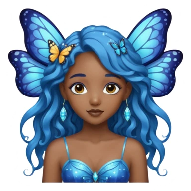 Black girl fairy with long wavy blue hair butterfly wings sparkly sticker