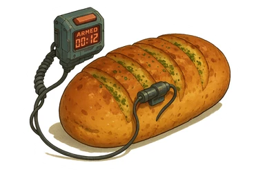 a thermonuclear hand held grenade IED, futuristic cyberpunk. The primed exlosive is garlic bread. small detonator attached to large loaf sticker