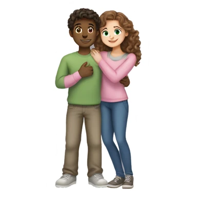 A young man with fair skin, dark hair, green eyes in a gray jumper, hugs a girl with fair skin, brown hair with curls, blue eyes in a pink blouse sticker