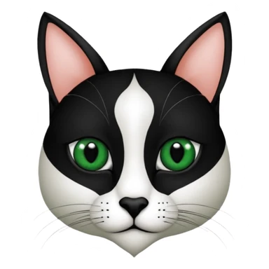 Haz una gata de ojos verdes la cara blanca con mancha negra en las orejas que agarra parte de la frente del lado der pero del iz va desde el ojo hasta la oreja la mancha, tiene la nariz negra en forma de corazón y todo lo que sobra de la cara, barbilla la nariz arriba y el lado de bigotes es blanca sticker