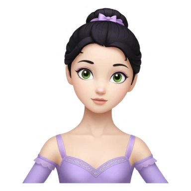 Cinematic Realistic ballerina Light Purple Portrait, depicted with lifelike skin texture, subtle rosy undertones, and soft natural lighting that enhances the gentle contours of her face. Her intricately detailed sweet black hair is elegantly styled, green eyes sticker