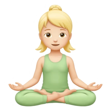Flat illustration emoji of a small child practicing yoga, simple pose, calm and happy expression, soft pastel colors (yellow, green, soft orange), rounded shapes, minimal details, child-friendly, gentle and warm style, vector illustration, no background, cohesive style with kindergarten branding sticker