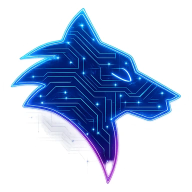 Transform the Overwolf logo into a cyberpunk, holographic style with glowing neon blue and pink edges, circuit patterns throughout the entire icon, and a transparent background. Maintain the recognizable Overwolf wolf head shape, overlaying neon and circuit effects in the same futuristic, clean style as previous cyberpunk icons. The whole icon should have a consistent cyberpunk glow and intricate circuit details. sticker