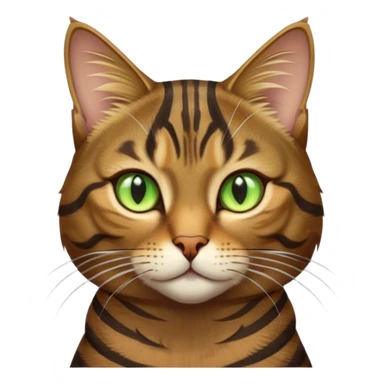 Cinematic Noble Brown Tabby Cat Portrait Emoji, Poised and regal, with sleek, well-groomed fur in warm brown tones accented by bold dark tabby stripes, striking almond-shaped golden-green eyes, Simplified yet sharp and sophisticated features, highly detailed, glowing with a soft, dignified glow, high shine, intelligent and graceful, stylized with an air of elegance, focused and attentive, soft glowing outline, capturing the essence of a watchful and refined feline, so majestic it feels as though it could glide across the screen with effortless confidence! sticker