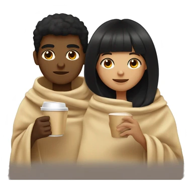 TAN SKIN GIRL WITH BLACK HAIR AND BANGS AND BROWN SKIN BOY WITH BLACK HAIR inside a blanket sipping coffee sticker