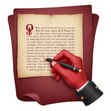 Minimalist emoji-style sticker of a pale hand signing a parchment contract titled “YOUR SOUL” in gothic font, muted red ink, grayscale background sticker