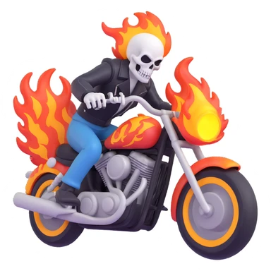 Ghost Rider riding a motorcycle with flames, dynamic action, 3D style sticker