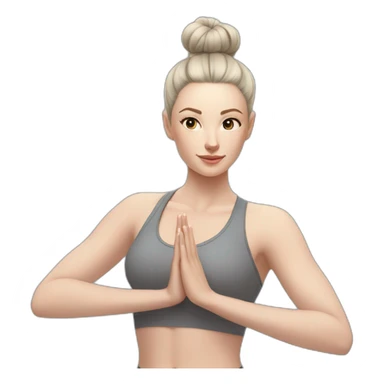 Pale skinned fit woman In a gray tight yoga suit and wristbands With black hair in a bun doing yoga sticker