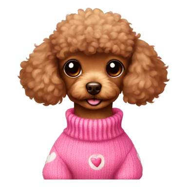 brown toy poodle in pink sweater with hearts sticker
