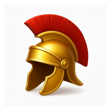 Make a helmet emoji exactly like the helmet in the reference image, in iOS emoji style. Roman helmet, gold with red crest, shiny and smooth. Add a soft shadow. sticker