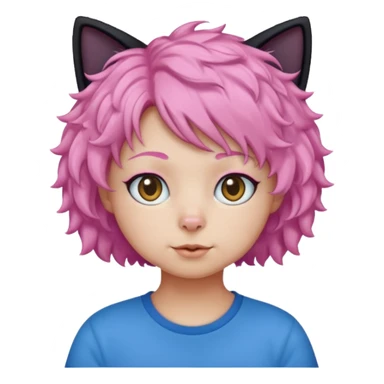 Black cat wearing a short curly pink hair wig, blue T-shirt sticker
