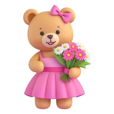 A cute teddy bear with a pink bow on its head, holding a bouquet of white flowers, in a 3D iOS Disney style, with a soft pink background and hearts floating around, wearing a pink dress and a big smile. sticker