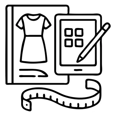 Minimalist vector icon representing fashion design management: an overhead view of a stylized open tech pack document showing a garment sketch, alongside a color swatch grid, a digital tablet with a pen, and a measuring tape curved into the shape of a semicircle. Use clean lines, soft neutral tones with one pop of color (like coral or teal), and geometric shapes. The icon should convey precision, creativity, and fashion process in a modern, professional style. Designed to be easily recognizable at small sizes. Yellow & black theme sticker