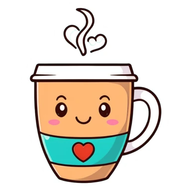 smiling hot coffee cup with heart-shaped steam, mocha brown tones, kawaii soft hand-drawn sticker