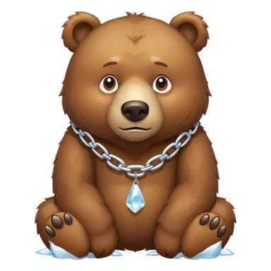 Realistic brown bear on all four legs with serious expression, wearing a simple chain made entirely of ice around its neck, nothing hanging from it sticker