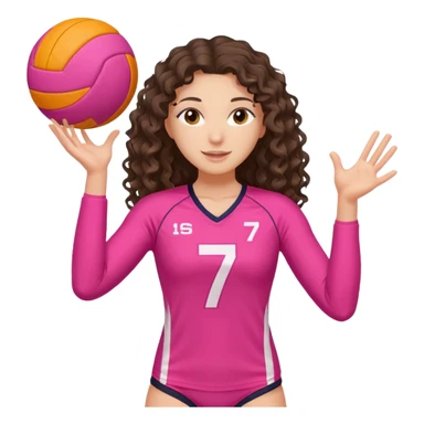 white brunette volleyball player with long curly hair with (a pink outfit with the number 7) and ONE ball with orange AND white stripe sticker