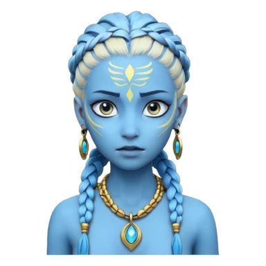 Create an icon of a Na’vi-inspired female character with glowing blue skin, braided hair, tribal forehead markings, large expressive eyes, gold earrings, and a rope necklace with a golden pendant. The expression should be calm and serious, matching the style of the movie Avatar sticker