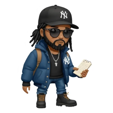 African American man with shoulder length black dreadlocks with black beard wearing black sunglasses wearing a black New York Yankees logo baseball cap wearing a black bubble winter coat wearing denim skinny jeans timberland boots writing a note sticker
