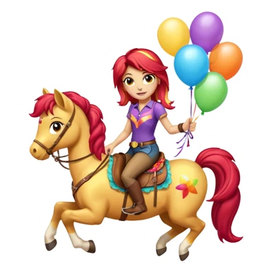 sunset shimmer mlp holding colorful balloons tied to its saddle, looking cheerful. sticker