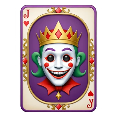 1 poker card, perfectly squared card, with crazy colorful human jolly joker inside, star symbol with a "J" sticker