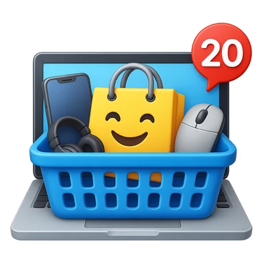 Create a high fidelity emoji style variant with smooth edges featuring a laptop instead of a desktop, a shopping basket showing tech items like a phone, headphones, and mouse instead of food, and an emoji shopping bag. The style should resemble emoji style with smooth edges and high detail. sticker