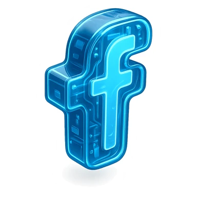 Futuristic Facebook logo, glossy circuit style, luminous blue highlights, transparent background sticker