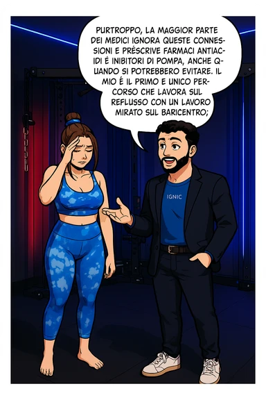 TRASFORMA QUESTO CAROSELLO IN UN FUMETTO STILE WEBTOON/MANGA A COLORI CON QUESTE DUE PERSONE IDENTICHE CHE INTERLOQUISCONO TRA LORO, L'uomo sta spiegando alla donna questo concetto MENTRE LA DONNA SI TIENE la mano sulla fronte sconcertata:

LUI (UOMO): Purtroppo, la maggior parte dei medici ignora queste connessioni e prescrive farmaci antiacidi e inibitori di pompa, anche quando si potrebbero evitare.
Il mio è il primo e unico percorso che lavora sul reflusso con un lavoro mirato sul baricentro; sticker