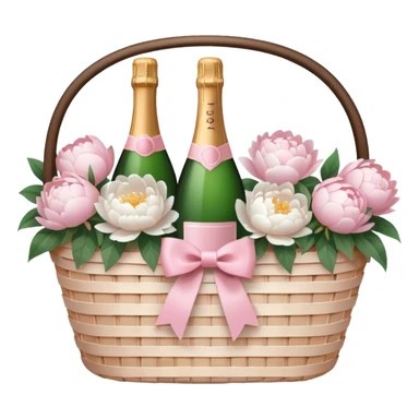 White Picnic basket with light pink bow and white peonies and a pink champage bottle inside sticker