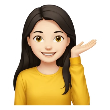 girl on her laptop, long dark hair white skin and yellow shirt long sleeves, smiling sticker