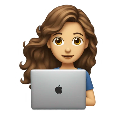 female coder with apple laptop in front of her, long wavy brown hair, brown eyes sticker
