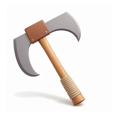 3D emoji style cartoon Stone Age hand axe, primitive and sturdy, with a light brown wooden handle, thick rope, and a gray stone blade. Clean white background, soft shadows, and glossy highlights for a 3D emoji look. sticker