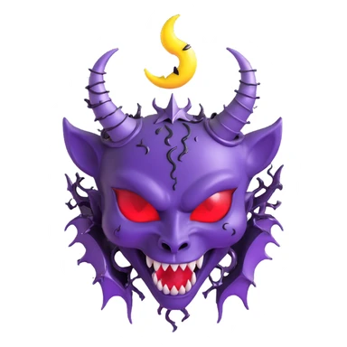 devil heart made of deep purple glass with large devil horns, curled tail, black rose crown, silver crescent moon, electric lightning, glossy rain, shattered glass sticker