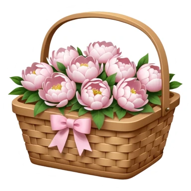 White Picnic basket with light pink bow and white peonies inside sticker