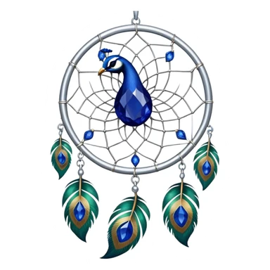a Silver Dreamcatcher with sapphire-stones and emerald-stones, and with peacock-feathers. Big sapphire gem in the middle. Many tiny emerald gems around it.   sticker