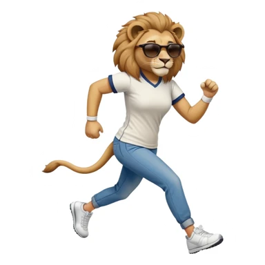 friendly anthropomorphised female lion wearing a baseball shirt, jeans, trainers, dark sunglasses, jogging upright, looking dominant and confident sticker