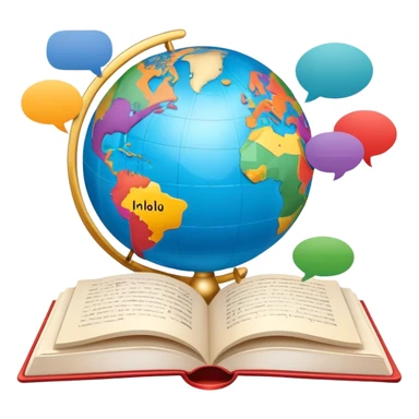 An icon showing a globe surrounded by speech bubbles with greetings in different languages, like 'Hello,' 'Hola,' and 'Bonjour.' The design includes an open book and a quill, symbolizing learning and communication. Transparent background emphasizes global connection through language. sticker