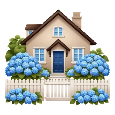 Brown house, white shutters, white fence, blue hydrangeas all over sticker