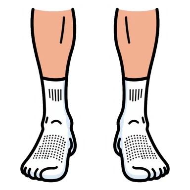 bottom view of feet wearing white athletic socks showing soles with texture pattern sticker