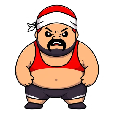 Extreme close-up of face of morbidly obese white skin guy with young face, prominent BLACK DURAG tied clearly on head, distinct black beard and mustache, black eyes in a red and black wrestling singlet with angry expression sticker