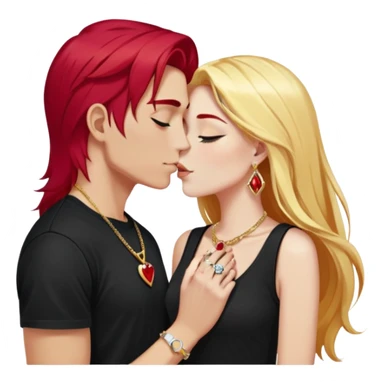 close-up of 20 year old couple kissing, girl with long cherry red hair, blonde eyebrows, gold necklace with letter A, diamond gold ring, red bracelet, boy with bright white hair wearing silver ring with black stone and dark t-shirt sticker