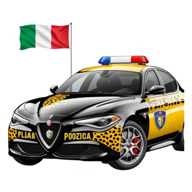 crea auto di servzio alfa romeo giulia colore nero con la scritta sul lato polizia penitenziaria e la un leopardo e la bandiera italiana sticker