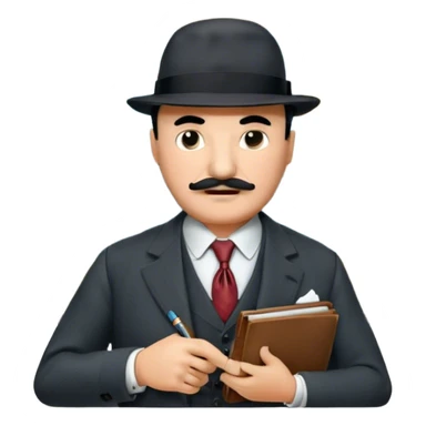 A cinematic-style frame showing Hercule Poirot in his iconic suit with a notebook in a dramatic detective pose. Background should be mysterious city, map, a board with photos of suspects, clues like fingerprints. Transparent background. sticker