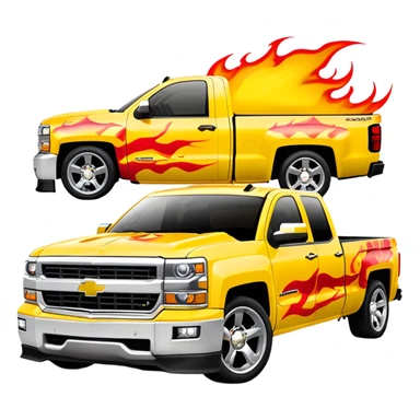 Bright yellow Chevrolet Silverado with bold airbrushed red flame artwork covering entire hood and extending to fenders, authentic Kill Bill custom paint job, 30-degree angle, iOS emoji style sticker
